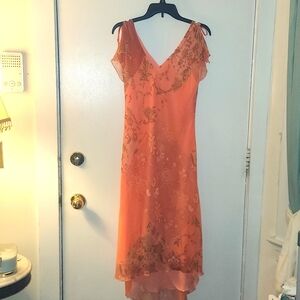 CDC 💯 polyester dress peach flower print size 10 scarf mid calf length